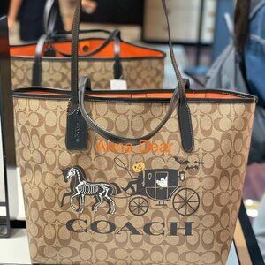 Coach City Tote In Signature Canvas with Halloween horse carriage